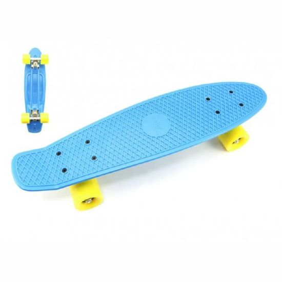 Skateboard - pennyboard 60cm nosnost 90kg, kovové osy, modrá barva, žlutá kola 