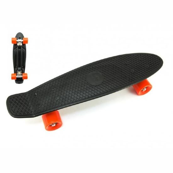Skateboard - pennyboard 60cm nosnost 90kg, kovové osy, černá barva, oranžová kola 