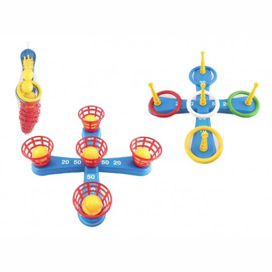 Házecí hra plast kříž s kruhy + košíčky s míčky v síťce 