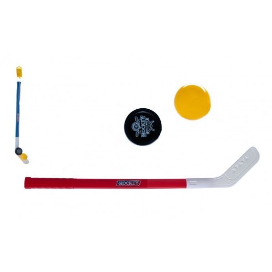 Hokejka plast 73cm s pukem a míčkem 2 barvy v síťce 