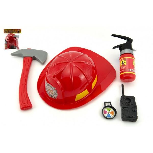 Hasičská sada helma + hasičák stříkací vodu plast 5ks 