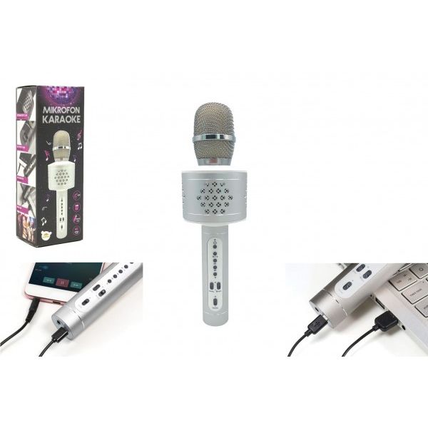 Mikrofon karaoke Bluetooth stříbrný na baterie s USB kabelem 