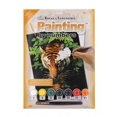 Malování podle čísel Tygr u vody 22x30cm s akrylovými barvami a štětcem na kartě 