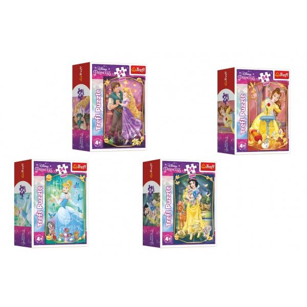 Minipuzzle Krásné princezny/Disney Princess 54dílků 4 druhy v krabičce 6x9x4cm 