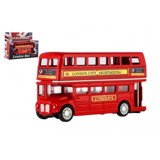 Autobus &quot;Londýn&quot; červený patrový kov/plast 12cm na zpětné natažení v krabičce 17x13,5x6cm 