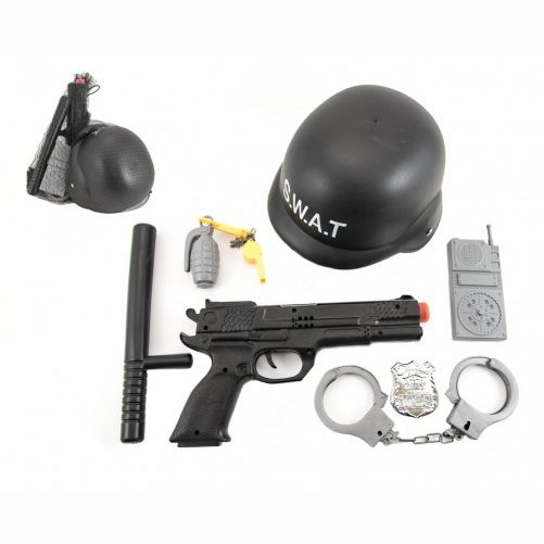 Sada SWAT helma+pistole na setrvačník s doplňky