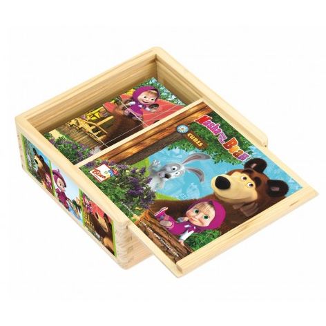 Kostky kubus dřevěné Máša a Medvěd 9 ks v krabičce